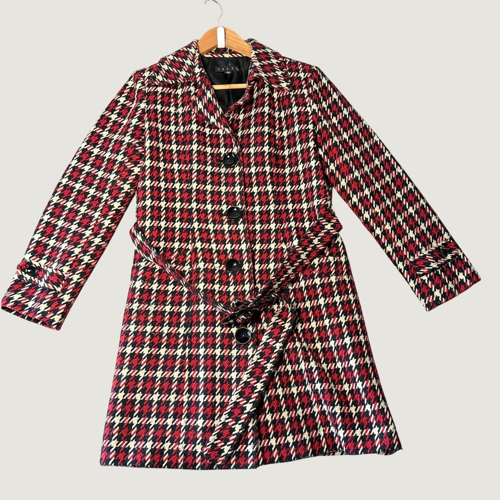 Vestio Red Black Houndstooth Wool Blend Belted Pea Coat Jacket Womens Size 6